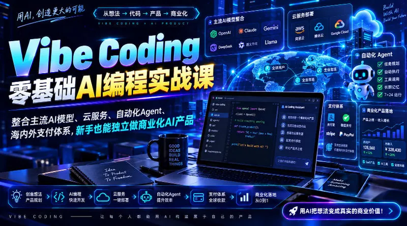 ee632e0ed49c7b7a2aa157436b249392.jpeg Vibe Coding零基础AI编程实战课-无水印,整合主流AI模型、云服务、自动化Agent、海内外支付体系,新手也能独立做商业化AI产品